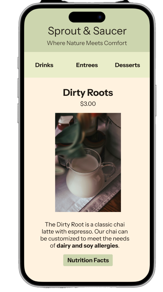 Wireframe of Sprout and Saucer app with hues of brown, gold, and green. Represents one drink item called dirty roots, a chai latte