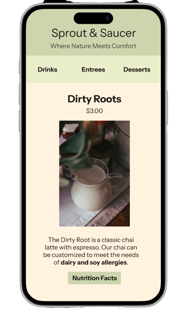 sprout and saucer cafe menu showing their signature item dirty roots, a chai latte