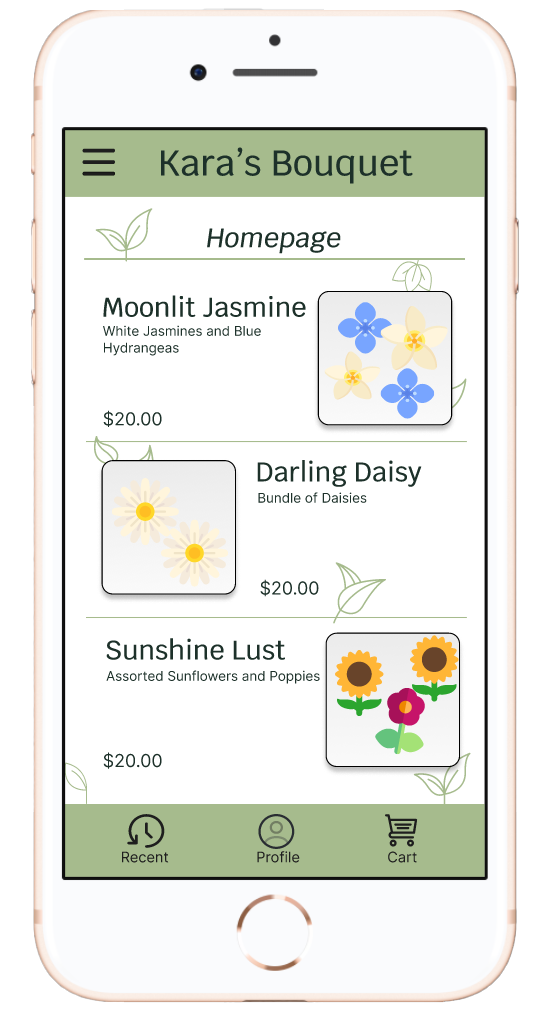 wireframe of kara's bouquet app showing three different floral options.